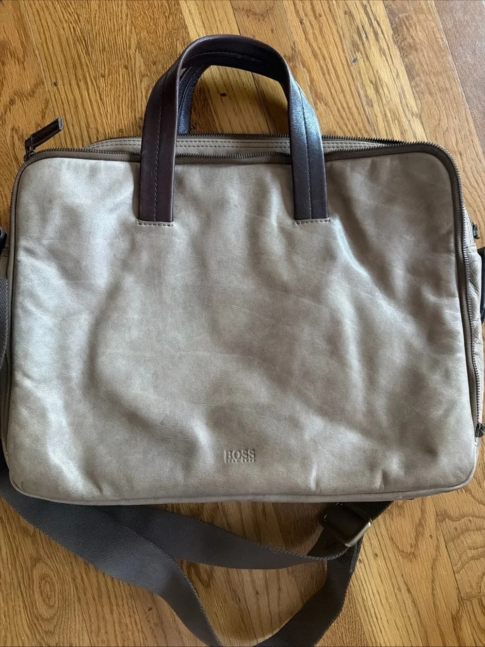Boss Beige Canvas Laptop Bag with Brown Leather Handles